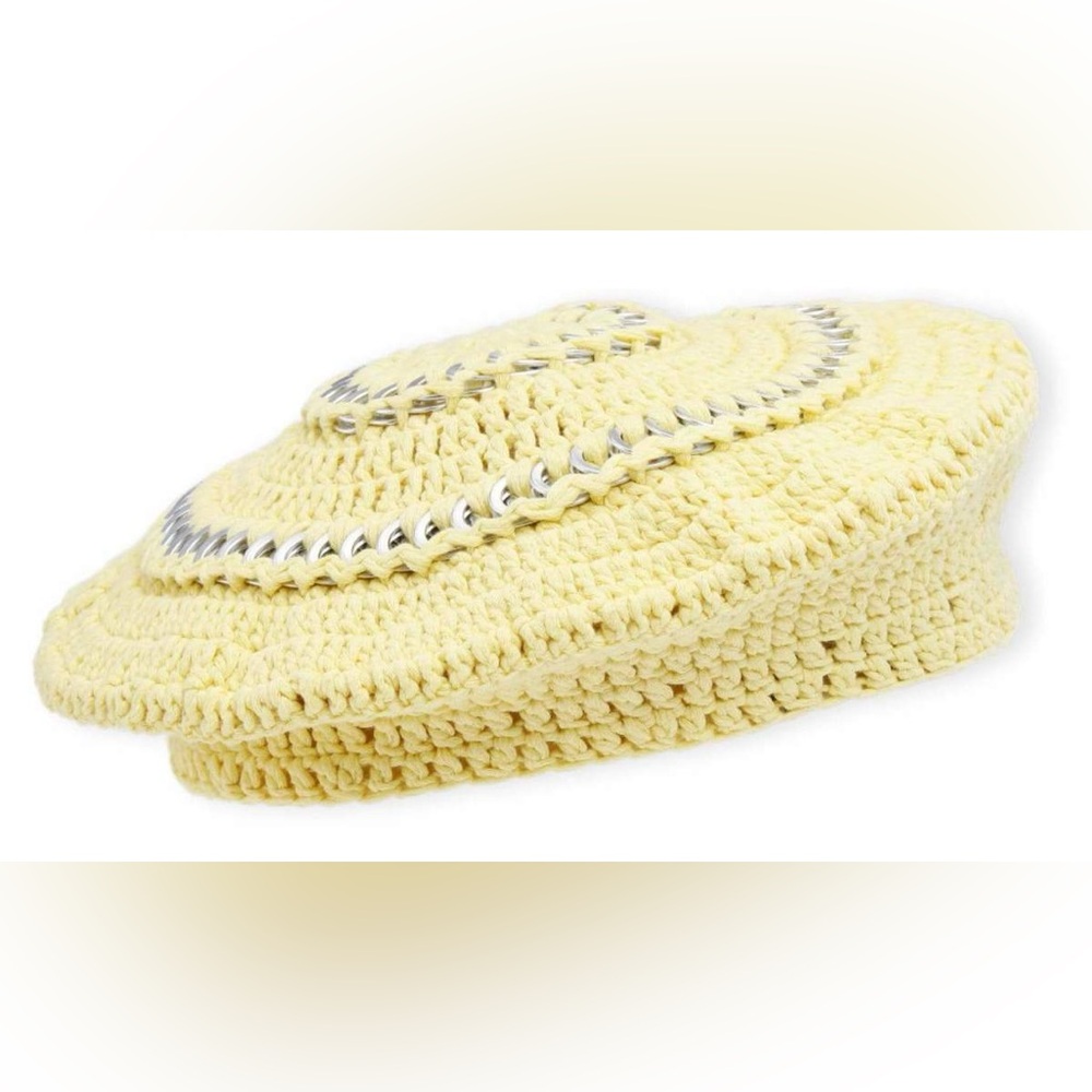 Ganni Yellow Crochet Cotton Knit Beret - Pale Banana